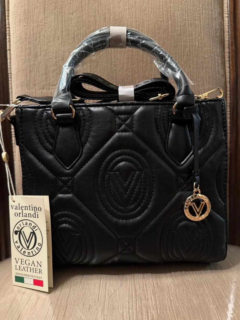 Black Valentino Quilted Top-Handle Tote Bag with Gold Charm